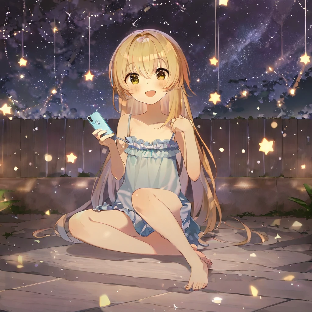 masterpiece、highest quality、Depth of object being written、((night))、((starry sky))、one beautiful girl、、long beautiful hair、blonde、cute、beautiful detailed eyes、((camisole dress))、warm color、((barefoot))、smartphone、((Very happy face))、open your mouth、full body shot、((girl's room))、((bed))、((sitting))、((defenseless))、thighs、kitten、dim room、Angle from below、((Lens flare))、the whole body was filled with light、cinematic lighting、full body lighting