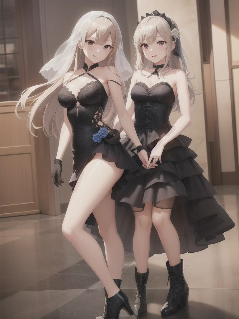 A girl，Long hair, Bangs, White hair, Hair between the eyes, s eyes:（1.5),  (Medium breasts:1.2), 
rest  锁骨, Wedding dress，veil，wedding，Black dress，Flowers，The skirt is broken，Black socks，Black knee socks，Black gloves，boots，Cleavage，
Looking at the audience, whole body,
indoors, church，permanent，permanent，Smile，With one eye closed，
rest (masterpiece:1.2), best quality, high resolution,  8k wallpaper, (illustration:0.8), (美丽细致s eyes:1.6), Extremely detailed face, Perfect lighting, Extremely detailed CG, (Perfect hands, Perfect anatomical structure),