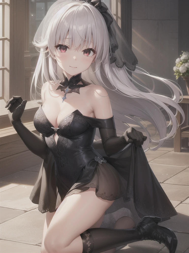 A girl,Long hair, Bangs, White hair, Hair between the eyes, s eyes:(1.5), (Medium breasts:1.2),
rest 锁骨, Wedding dress,veil,wedding,Black dress,Flowers,The skirt is broken,Black socks,Black knee socks,Black gloves,boots,Cleavage,
Looking at the audience, whole body,
indoors, church,permanent,permanent,Smile,With one eye closed,
rest (masterpiece:1.2), best quality, high resolution, 8k wallpaper, (illustration:0.8), (美丽细致s eyes:1.6), Extremely detailed face, Perfect lighting, Extremely detailed CG, (Perfect hands, Perfect anatomical structure),