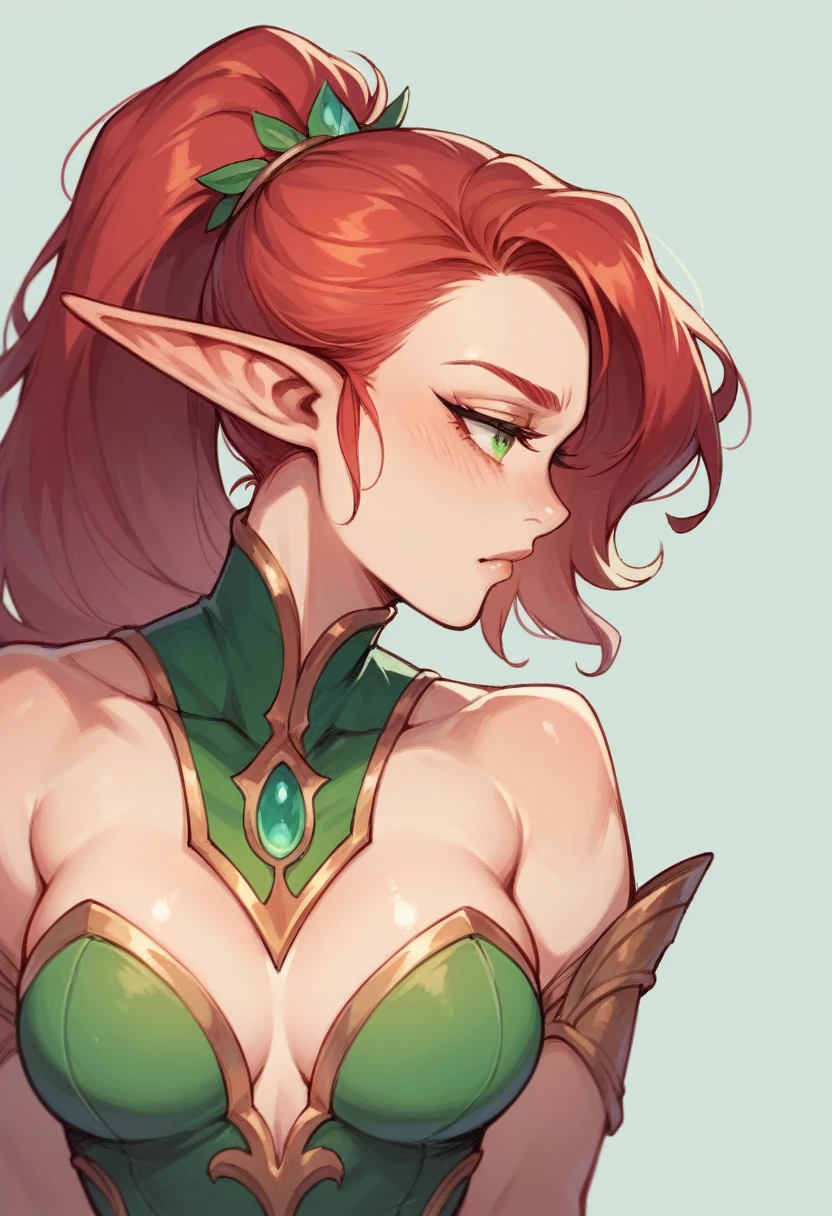 A girl with red hair with elf ears looking ahead with a seductive look In a green costume in nature 