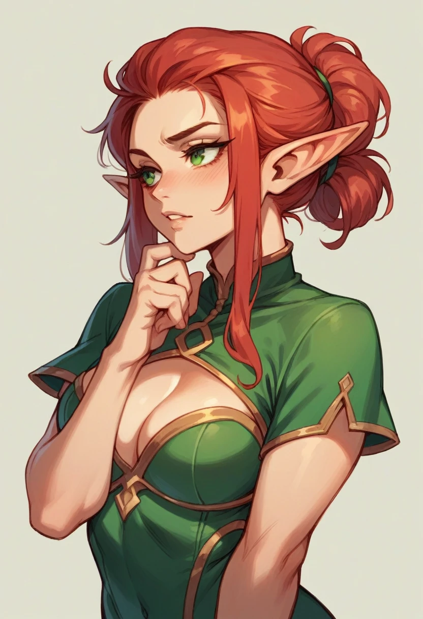 A girl with red hair with elf ears looking ahead with a seductive look In a green costume in nature
