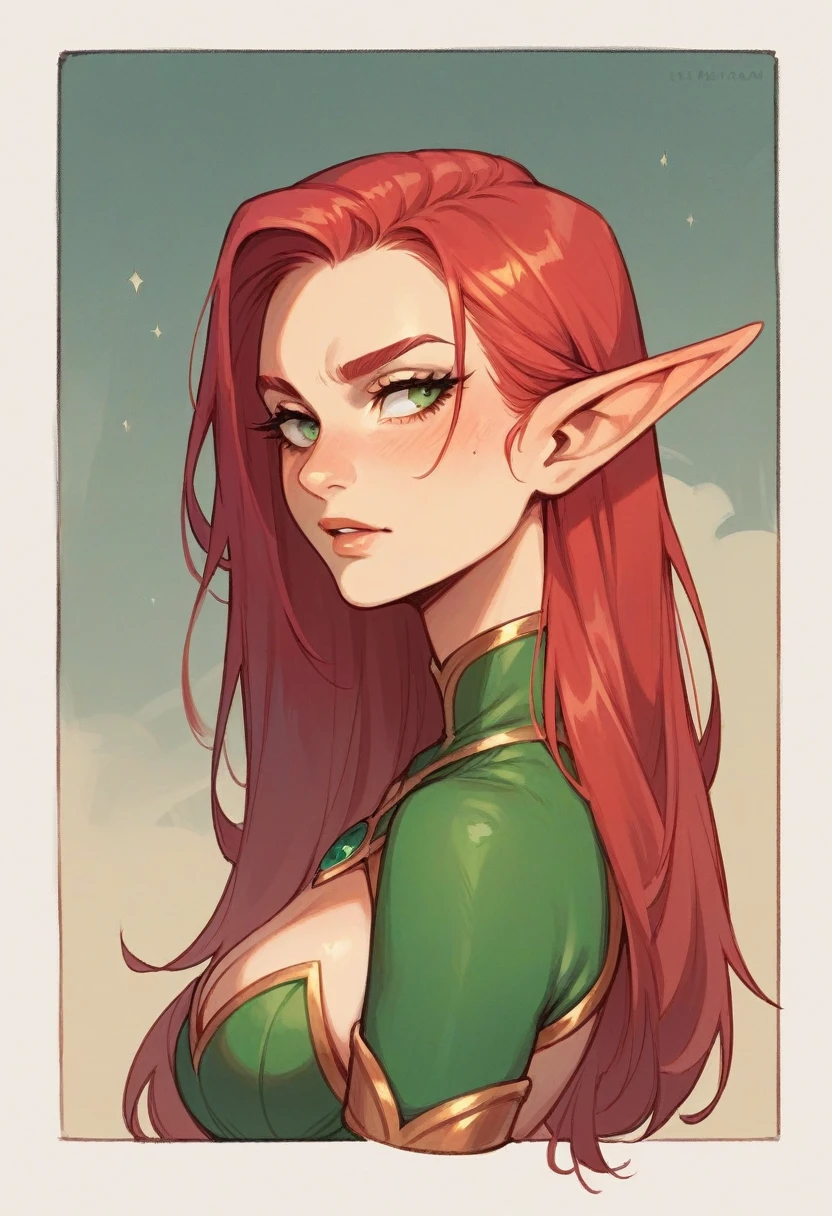 A girl with red hair with elf ears looking ahead with a seductive look In a green costume in nature