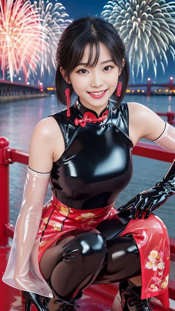 (Tabletop:1.0), (highest quality:1.4), (High resolution:1.2), (Realistic:1.4), (8k, RAW Photos:1.2), (Soft Focus:1.4),(close up:1.1),break,a girl posing and wearing leather pink qipao,Smiling while taking a photo.............................................................,(a girl wearing sticky slimy red qipao:1.4),(smiling:1.2),BREAK,Smooth and tight boots, Clear skin,latex, Translucent body,latex Shiny,Perfect Fingers,(Shiny latex gloves:1.2), gloves that fit their skin,break,BREAK,bob hair,(vermilion hair:1.2),(smile:1.2),glossy Shiny reflective, Makeup,Japanese Goddess, Glowing Skin,Gorgeous Japanese Model,Shiny,Shiny,(reflective latex black boots:1.2),wrinkles,break,Detailed Background,(on the bridge road:1.1),(fireworks are going off in the background:1.2)