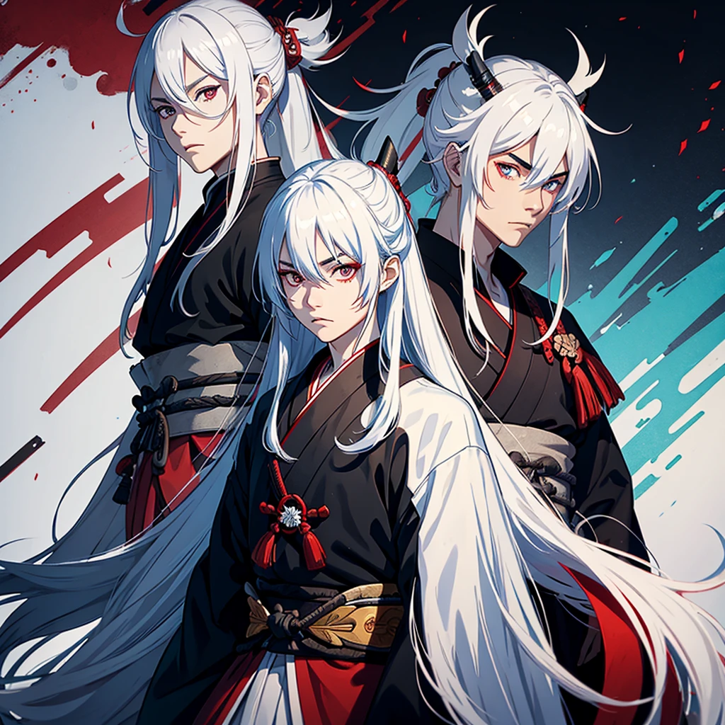  Samurai with long white hair and red left eyes blue right eyes 