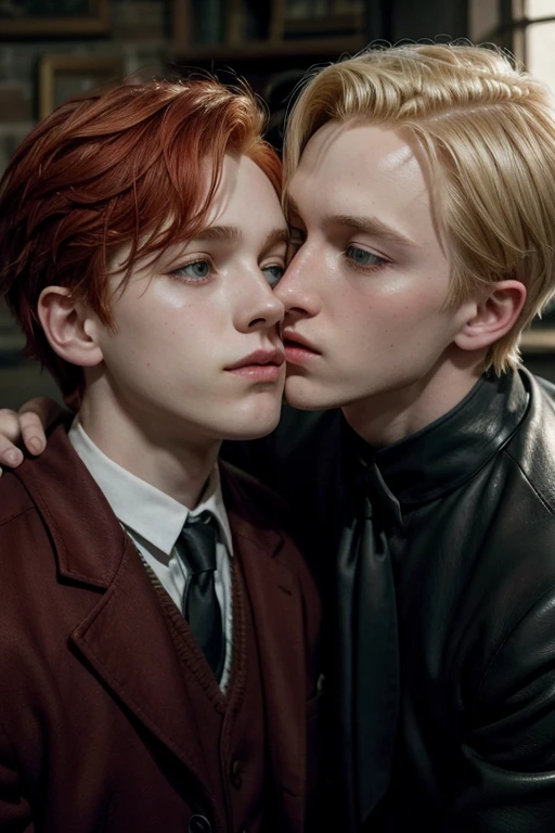 Draco Malfoy kissing a redhead boy on the cheek