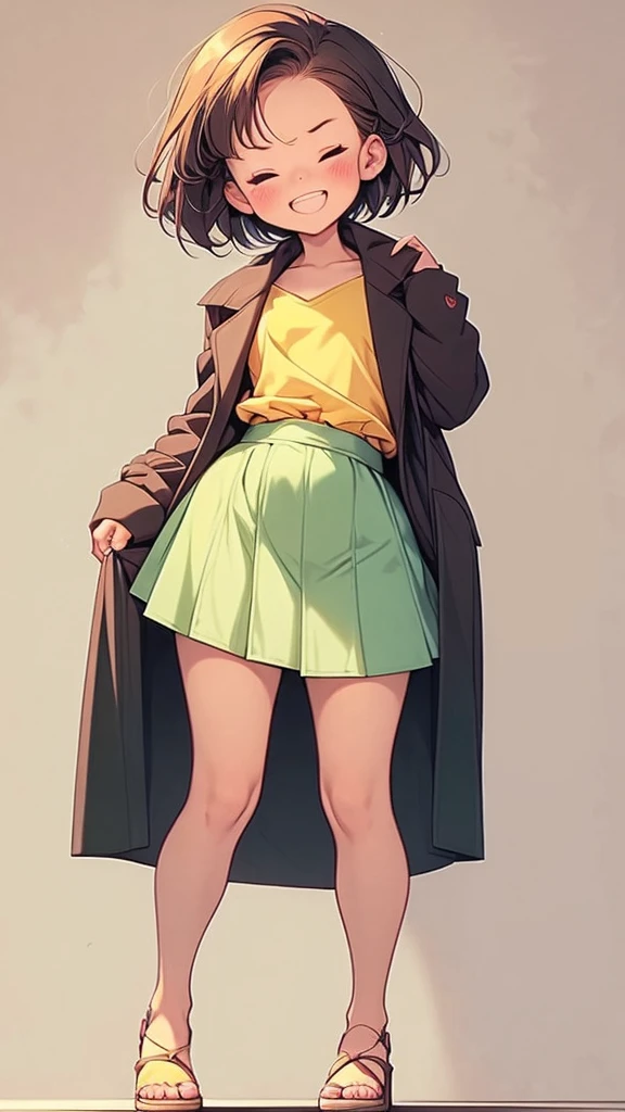 girl, burgundy short hair, ,closed eyes,slender body,small breasts,black hooded jacket,yellow green blouse,burgundy skirt,standing,facing viewer,contrapposto,full body, laughing