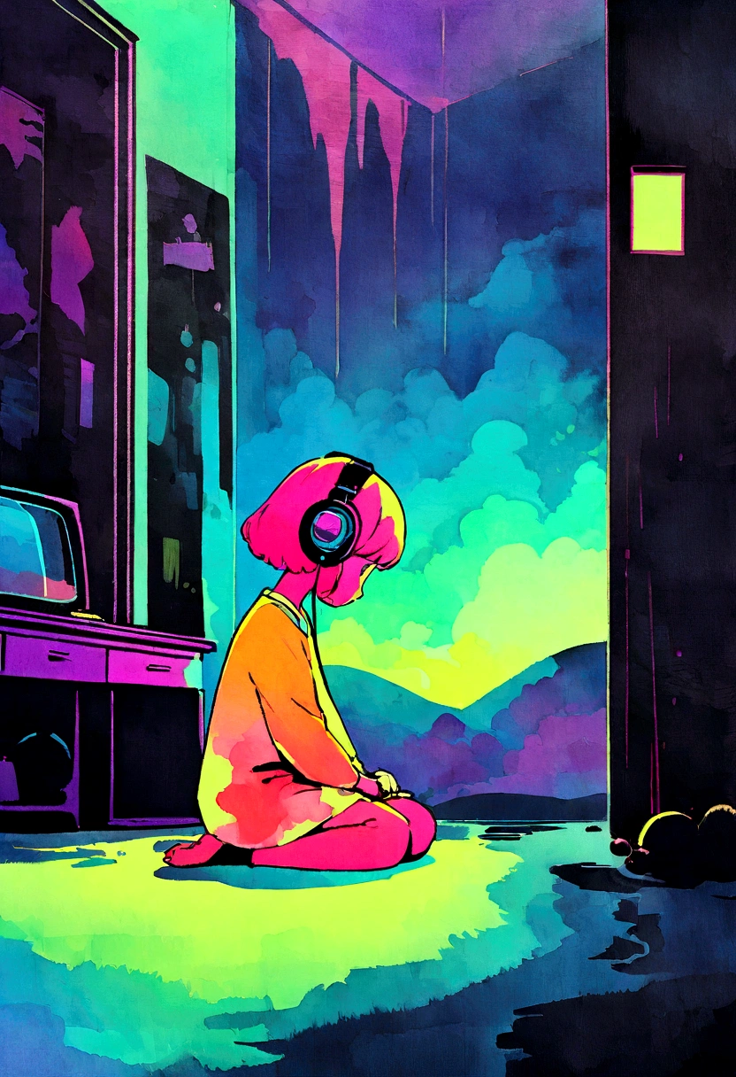 European hippie girl meditating in her room, dream, Wear headphones, night lighting, Neon scenery on a rainy day, Analog Color Theme, Lo-fi Hip Hop , review, flat, 2.5D ,Draw a line, Ink painting, Large slope, Watercolor, Goosh Colors, Studio Ghibli style, Great colorful, Outerton, Krautlock, Lofi Art, 70s style,Old Texture, amplitude,Psychedelic atmosphere, masterpiece, Great technology,