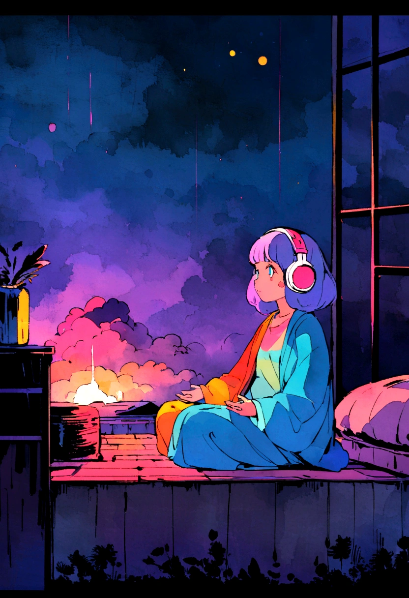 European hippie girl meditating in her room, dream, Wear headphones, night lighting, Neon scenery on a rainy day, Analog Color Theme, Lo-fi Hip Hop , review, flat, 2.5D ,Draw a line, Ink painting, Large slope, Watercolor, Goosh Colors, Studio Ghibli style, Great colorful, Outerton, Krautlock, Lofi Art, 70s style,Old Texture, amplitude,Psychedelic atmosphere, masterpiece, Great technology,