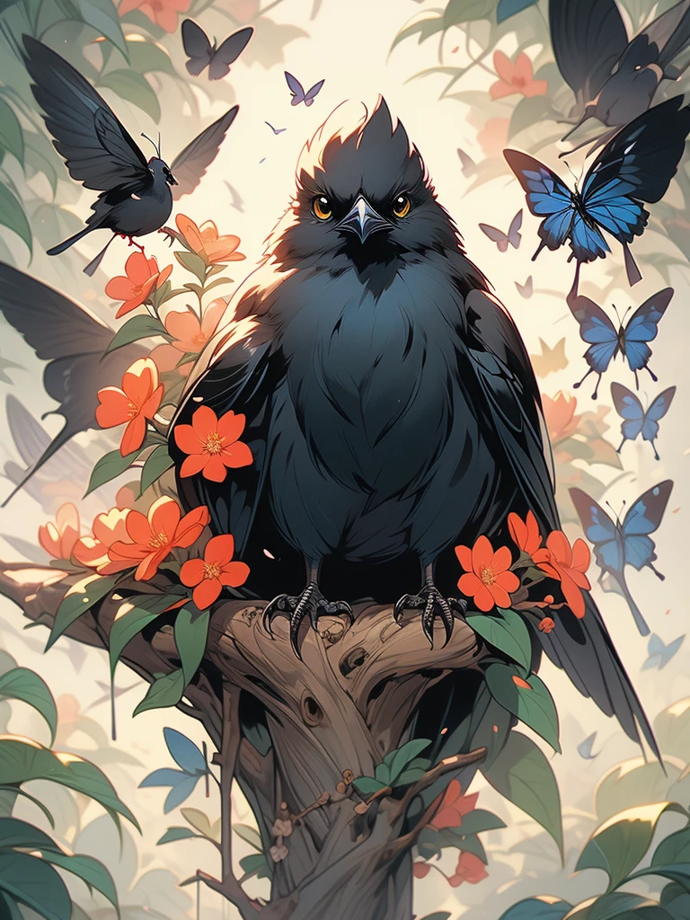 a black bird sitting on a branch with flowers and butterflies, cyberpunk art by Ryan Yee, trending on cgsociety, fantasy art, birds f cgsociety, 🌺 cgsociety, art contest winner on behance, crows beautiful, detailed crow illustration, jen bartel, beautiful illustration, trending on cgsociety art, cgsociety saturated colors, [ trending on cgsociety ]!!