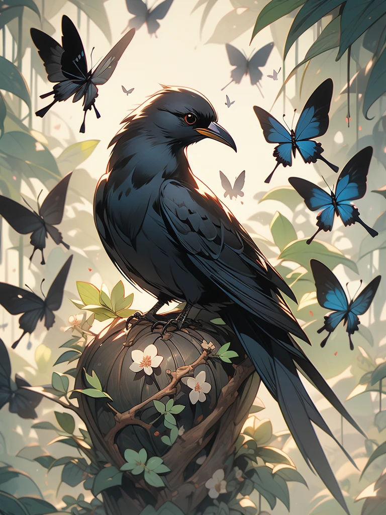 a black bird sitting on a branch with flowers and butterflies, birds f cgsociety, by Ryan Yee, by Gonzalo Endara Crow, 🌺 cgsociety, art contest winner on behance, crows beautiful, detailed crow illustration, jen bartel, beautiful illustration, by Jason Chan, trending on cgsociety art, by Justin Gerard, by Oliver Sin, cgsociety saturated colors