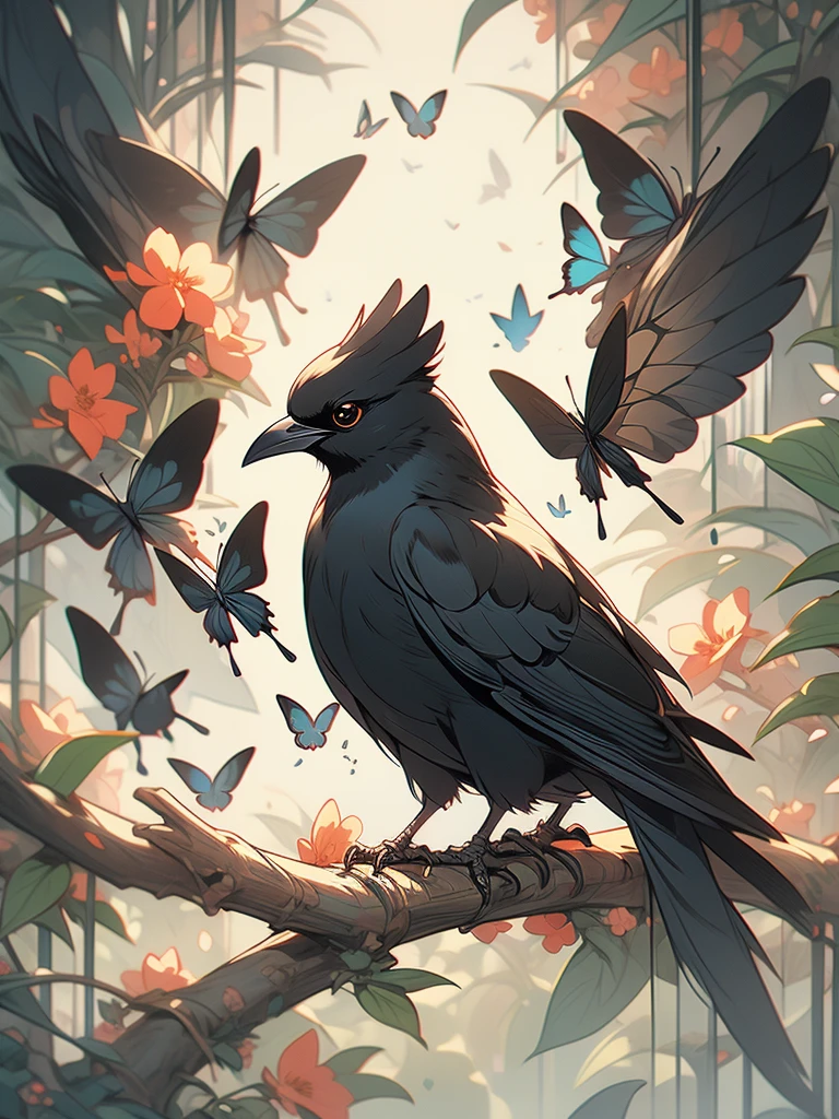 a black bird sitting on a branch with flowers and butterflies, birds f cgsociety, by Ryan Yee, by Gonzalo Endara Crow, 🌺 cgsociety, art contest winner on behance, crows beautiful, detailed crow illustration, jen bartel, beautiful illustration, by Jason Chan, trending on cgsociety art, by Justin Gerard, by Oliver Sin, cgsociety saturated colors