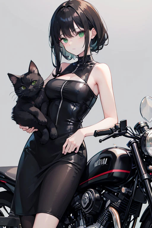 Dark-haired woman carrying a black kitten with green eyes on top of a motorcycle