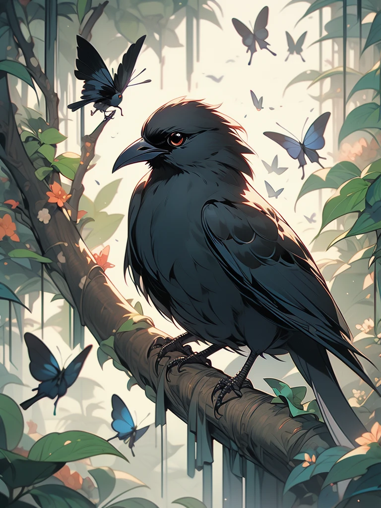 a black bird sitting on a branch with flowers and butterflies, cyberpunk art by Ryan Yee, trending on cgsociety, fantasy art, birds f cgsociety, 🌺 cgsociety, art contest winner on behance, crows beautiful, detailed crow illustration, jen bartel, beautiful illustration, trending on cgsociety art, cgsociety saturated colors, [ trending on cgsociety ]!!