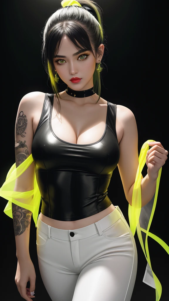Masterpiece, age girl, short yellow-green ponytail, gorgeous face, yellow eyes, very detailed eyes, pale pink lipstick, sheer sleeveless top, big breasts, full body tattoo, pants. Black leotard with white beautiful neon lights, brothel background, 30k, elaborate clothing detail, high detail, perfect lighting, cinematic lighting, sharp focus, hyperrealistic image.