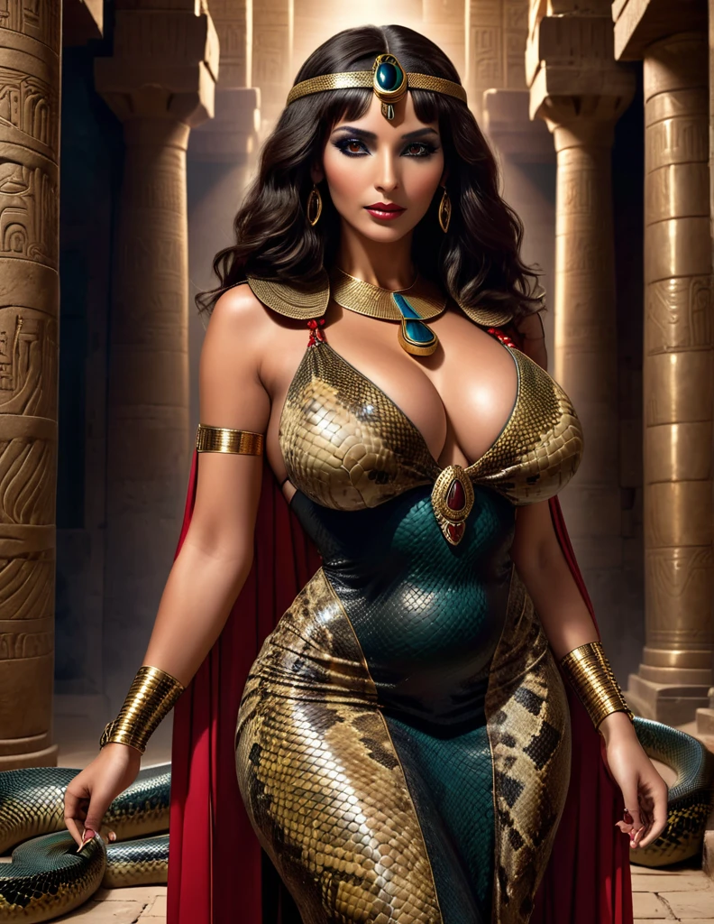 Cléopâtre, reine d'Égypte, Femme mature chaude, très enceinte, une peau de serpent, sexy , corps maternelle, Égypte antique, grosse poitrine, un temple égyptien,robe rouge et maron couleur sable, moule le corps, vêtements transparent, de long cheveux noirs raide , orné de nombreux bijoux enceinte de quintuplé, poitrine gonflé qui ejecte du lait, dents serpent visible, sourit, avec des yeux doré, pupilles reptilienne, femme serpent, gorgone. A dramatic gothic dominatrix Cleopatra with snake scale skin covering her legs, arms, torso, and face, in a mysterious ancient Egyptian temple, dark and intense gaze, long light brown hair, intricate detailed traditional robes in red and brown, cinematic dramatic lighting, supernatural scene captured in 8k resolution, breathtaking beauty and depth