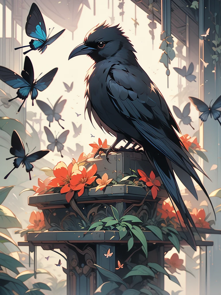 a black bird sitting on a branch with flowers and butterflies, cyberpunk art by Ryan Yee, trending on cgsociety, fantasy art, birds f cgsociety, 🌺 cgsociety, art contest winner on behance, crows beautiful, detailed crow illustration, jen bartel, beautiful illustration, trending on cgsociety art, cgsociety saturated colors, [ trending on cgsociety ]!!