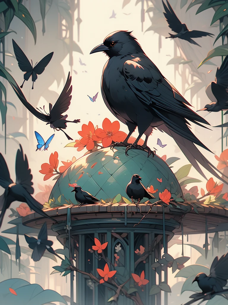 a black bird sitting on a branch with flowers and butterflies, cyberpunk art by Ryan Yee, trending on cgsociety, fantasy art, birds f cgsociety, 🌺 cgsociety, art contest winner on behance, crows beautiful, detailed crow illustration, jen bartel, beautiful illustration, trending on cgsociety art, cgsociety saturated colors, [ trending on cgsociety ]!!