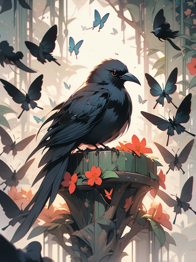 a black bird sitting on a branch with flowers and butterflies, cyberpunk art by Ryan Yee, trending on cgsociety, fantasy art, birds f cgsociety, 🌺 cgsociety, art contest winner on behance, crows beautiful, detailed crow illustration, jen bartel, beautiful illustration, trending on cgsociety art, cgsociety saturated colors, [ trending on cgsociety ]!!