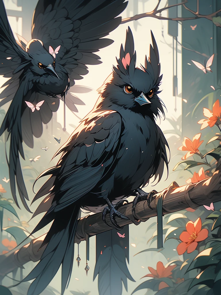 a black bird sitting on a branch with flowers and butterflies, cyberpunk art by Ryan Yee, trending on cgsociety, fantasy art, birds f cgsociety, 🌺 cgsociety, art contest winner on behance, crows beautiful, detailed crow illustration, jen bartel, beautiful illustration, trending on cgsociety art, cgsociety saturated colors, [ trending on cgsociety ]!!