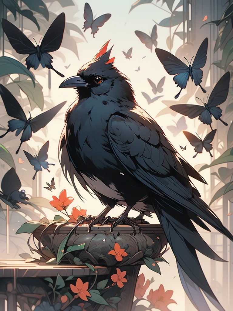 a black bird sitting on a branch with flowers and butterflies, cyberpunk art by Ryan Yee, trending on cgsociety, fantasy art, birds f cgsociety, 🌺 cgsociety, art contest winner on behance, crows beautiful, detailed crow illustration, jen bartel, beautiful illustration, trending on cgsociety art, cgsociety saturated colors, [ trending on cgsociety ]!!