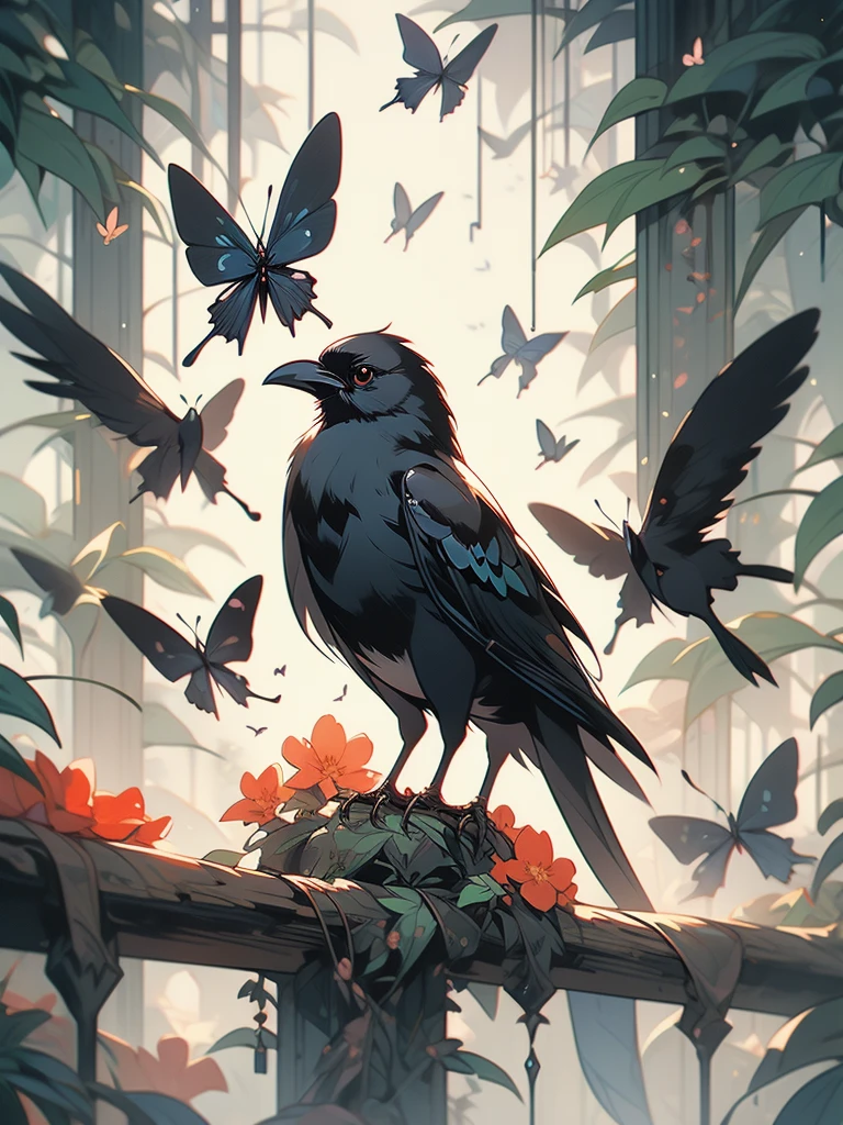 a black bird sitting on a branch with flowers and butterflies, cyberpunk art by Ryan Yee, trending on cgsociety, fantasy art, birds f cgsociety, 🌺 cgsociety, art contest winner on behance, crows beautiful, detailed crow illustration, jen bartel, beautiful illustration, trending on cgsociety art, cgsociety saturated colors, [ trending on cgsociety ]!!