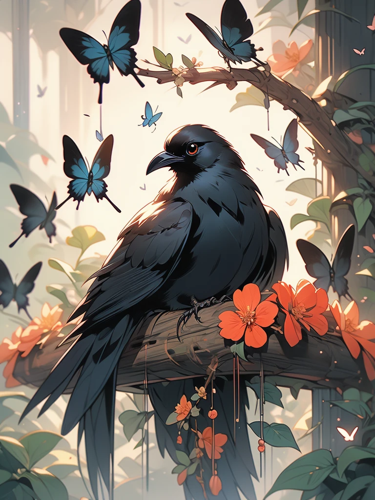 a black bird sitting on a branch with flowers and butterflies, birds f cgsociety, by Ryan Yee, by Gonzalo Endara Crow, 🌺 cgsociety, art contest winner on behance, crows beautiful, detailed crow illustration, jen bartel, beautiful illustration, by Jason Chan, trending on cgsociety art, by Justin Gerard, by Oliver Sin, cgsociety saturated colors