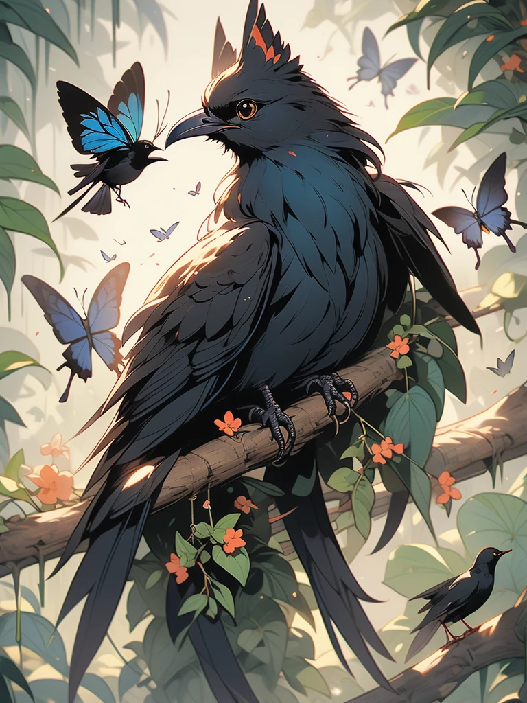 a black bird sitting on a branch with flowers and butterflies, cyberpunk art by Ryan Yee, trending on cgsociety, fantasy art, birds f cgsociety, 🌺 cgsociety, art contest winner on behance, crows beautiful, detailed crow illustration, jen bartel, beautiful illustration, trending on cgsociety art, cgsociety saturated colors, [ trending on cgsociety ]!!