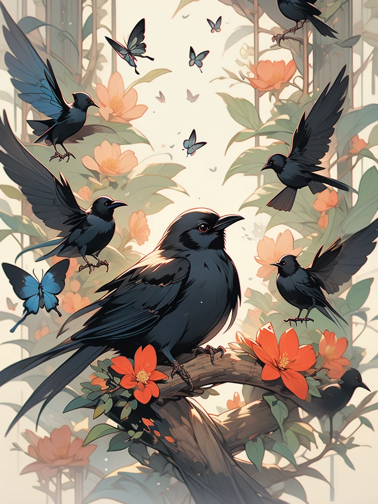 a black bird sitting on a branch with flowers and butterflies, birds f cgsociety, by Ryan Yee, by Gonzalo Endara Crow, 🌺 cgsociety, art contest winner on behance, crows beautiful, detailed crow illustration, jen bartel, beautiful illustration, by Jason Chan, trending on cgsociety art, by Justin Gerard, by Oliver Sin, cgsociety saturated colors