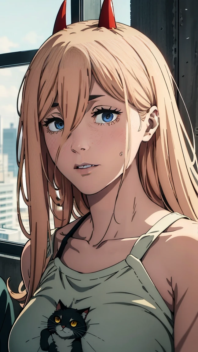 ultra sharp image, beautiful figure, beautiful, full length (full body 1.1.), slender legs, buttocks, slender legs, Wasp waist, erotica, sexy pose, Mouth open in a smile, sharp teeth, laughing,  yellow eyes, ultra detailed face, Ultra transparent, Chainsaw Man Energy, Two red sharp horns on the head, ultra sharp image, very beautiful, long hair, blonde, beautiful figure, tight clothes, T-shirt with the image of a cat, denim shorts, shoes, Red crosses and circles instead of pupils, Beautiful body, sexy clothes, Beautiful eyes, very detailed eyes, Very detailed face, Beautiful body, Chereter Design, Very detailed, detailed body, detailed hands, detailed, bright, detailed Face, sharp focus, clap, Artgerm, anime art, bright, detailed Face, Hugh Details, sharp focus, Very downcast face, detailed eyes, Super lovely illustration, best shadow, finely detail, beautiful detail