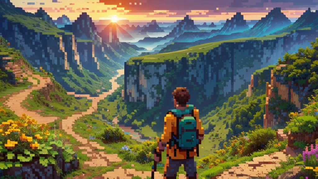 Create a 720-bit style image of an adventurer standing at the edge of a cliff, gazing out at a detailed, vibrant horizon. The adventurer is equipped with a sword and backpack, and the landscape below features intricately designed mountains, forests, and a winding river. The setting sun casts a dynamic array of colors across the sky and the terrain, enhancing the high-resolution pixel art.