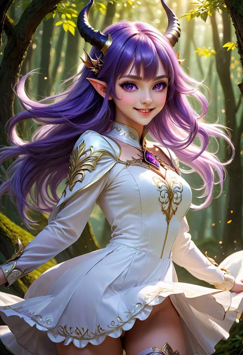 masterpiece, Highest quality, Very detailed, High resolution, An expensive solution, High resolution, masterpiece, depth, Fine texture, Highest quality, Total concentration, (very pretty anime Elf Girl), (Beautiful Gothic Elf Woman, Young Elves, Elf Girl, pretty girl, Young girl),Has horns on its headがある, Grin, smile, (A chic dress with beautiful details, Fluffy long sleeves, ), Purple eyes, Long eyelashes, Low angle shot、eyeliner, Tight waist, ( Purple Hair), (Light Hair, Long Hair), bangs, Gradient Hair), Shiny Hair, Forest as a background, Fantasy art, 8k high quality detailed art, A fusion of realism and colorful fantasy, Gothic art style, Fantasy art style, a beautiful fantasy Young Elves, CGI anime Fantasy artwork, charm, Seductive posture, Standing posture,Vibrant colors, 自信に満ちたsmile, gentle smile, Beautiful attention to detail, Beautiful lip detail, Very detailed目と顔, Long eyelashes, Vibrant colors, Professional, Very detailedな, Intricate details, Volumetric lighting, Lens flare, particle,(White and platinum color scheme), mysterious, mysteriousな.Has horns on its head,Standing posture、Low angle shot