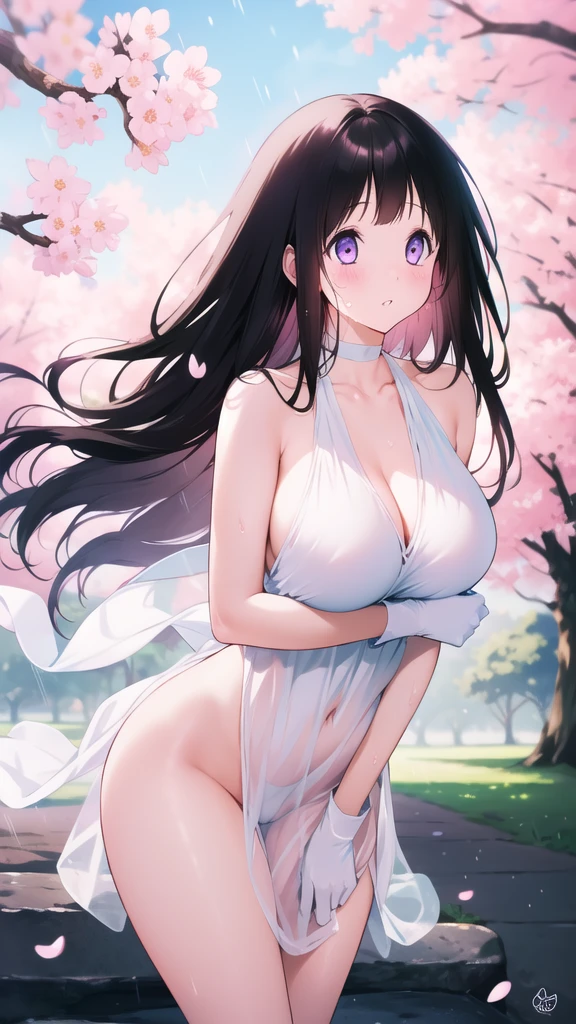 Amazing Chitanda, There is only one beautiful girl,Purple Eyes, Black Hair, Very red face,Very white skin,Glowing skin,Skin as delicate as porcelain,Naturally straight hair, Straight bangs,Extremely refined,Open lips,Long flowing hair,Beautiful Girl, Like a dream,Slim,Slim waist,Soft, (Sensual), (Kawaii), Dream quality,Beautiful big breasts,Sheer loose dress,Areola,Completely naked,Lower edge of breast,White gloves,Flower decoration,Deep V neckline,Loose neckline,Wide neckline,In school,The wind blows the hair,Place your hands on your inner thighs,Thighs clamp hands,Wet skin,Sweaty and sweaty,Sweating all over,it is raining,Next to the cherry blossom trees,Back to,Lean over,Hips,Side body,Gluteal groove,Completely naked的臀部,Bare back,Completely naked的背部,Light transmission,(no pants),nopan,pussy juice,Bare shoulders,There are no shoulder straps,Bare neck,Exposed collarbone,Exposing breasts,Exposing breasts侧面,Exposing breasts下面,Show your waist,Show your buttocks,Show your thighs,Exposing the groin,(No pants),extremely shy,Ultra-high resolution, (masterpiece:1.2, best quality), (Delicate and beautiful eyes: 1.2), (Beautiful and delicate face)