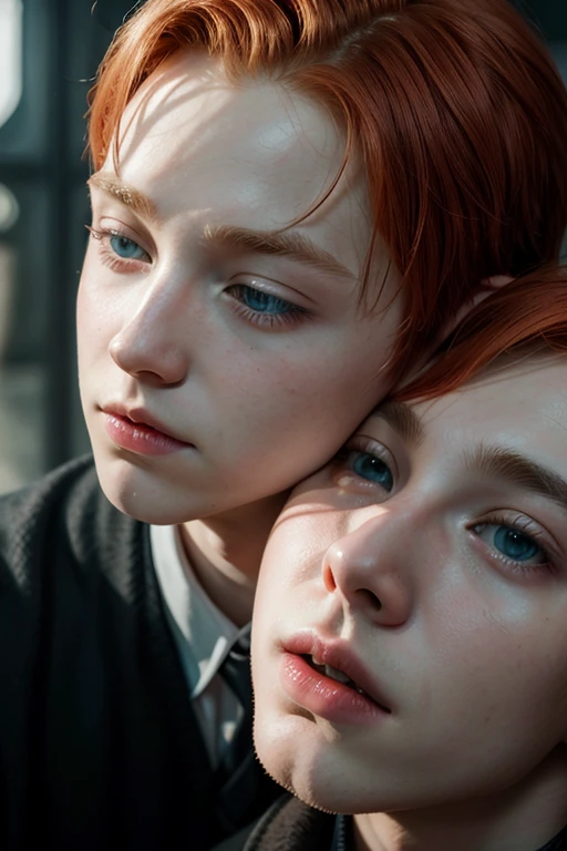 A redhead boy kissing Draco Malfoy on the cheek