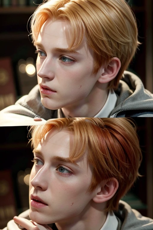 A redhead boy kissing Draco Malfoy on the cheek