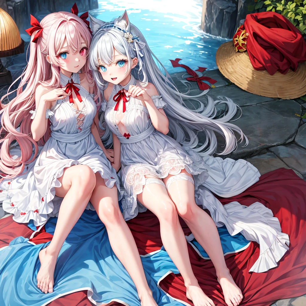 2 beautiful girls, anime, barefoot,
The first girl wore a beautiful white dress. with a blue ribbon accent at the waist, has white wavy hair, and has heterochromia eyes, with one sky blue eye and one blood red eye. he also wore a very beautiful heart-shaped blue lention. And the second girl wore a beautiful white dress, with a red ribbon accent on the piangang, had white wavy hair, and had heterochromic eyes, with one blood red eye and one sky blue eye. Ja wore a very beautiful heart-shaped red lention.