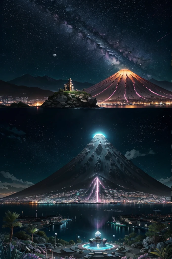 anime (best-quality:0.8), (best-quality:0.8), perfect anime illustration, we've been trying to reach you about your cars extended warranty, An illustration in collage style, with giant boulders, brutalist building sections, terraces, stairs, cacti, agave, concrete texture, multiple geometric shapes, hatch and cross hatching, planet saturn, volcano, moon, Luis Barragán's architectural style build, milky way galaxy, violet, one motorcycle, An illustration in collage style, with giant boulders, brutalist building sections, stairs, cacti, agave, concrete texture, multiple geometric shapes, hatch and cross hatching, planet saturn, volcano, moon, Luis Barragán's architectural style build, reflective pool, terraces. An elegant and modern build, in top of big boulders, with terraces, materials concrete, wood, steel and crystal, various gardens with tropical vegetation, cacti and rocks, stairs, a pool. In middle of sea, a big wave near, sunset, mountains and a volcano in the horizont, cute islands around, illustration format, cute color palette, detailed, masterpiece, award-winning work A 1999 Nissan GTR in Tron form r34 horizonte Lamborghini under a pink and purple sky, an anime drawing by Makoto Shinkai, trending on pixiv, magical realism, beautiful anime scene, cosmic skies. by makoto shinkai, ( ( makoto shinkai ) ), by makoto shinkai, anime background art, style of makoto shinkai