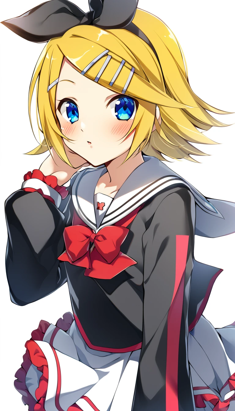 one girl, Kagamine Rin, Vocaloid, blue eyes, simple background, sailor collar, black sleeve, hair clip, hair bow, fourteen years old, blush, cowboy shot