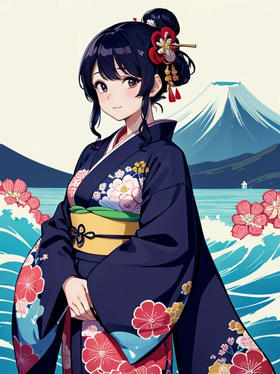 (Highest quality、masterpiece、High resolution、8K)、Ukiyo-e、Vibrant colors、Katsushika Hokusai、1 female、Black hair Japanese topknot、whole body、The kimono has a vivid floral pattern on a white background.、Official Art、背景はUkiyo-e風、White waves and Mt. Fuji、Flowers and Moon、White waves and the moon