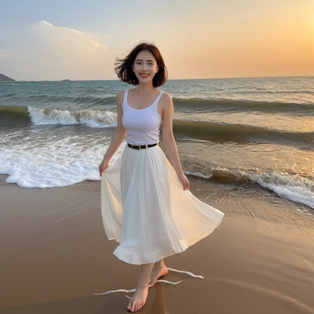 sunset red sun on the beach，A strong lingering scent is reflected in the sea., Beautiful 36-year-old short Korean woman, Chest size 34 inches, Wear white sleeveless, lightweight mid length skirt. beautiful pretty woman look , wearing a light skirt , Go far into the sea water and dip your toes., Short medium hair blowing in the wind, 1 woman, beautiful eyes, Smiling, Full-body photo taken from afar with a wide-angle lens, The background is clean and perfect., the waves are coming, short woman