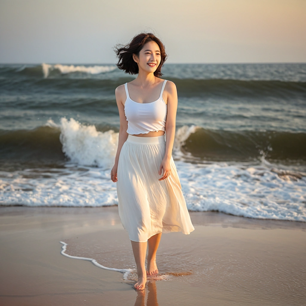 sunset red sun on the beach,A strong lingering scent is reflected in the sea., Beautiful 36-year-old short Korean woman, Chest size 34 inches, Wear white sleeveless, lightweight mid length skirt. beautiful pretty woman look , wearing a light skirt , Go far into the sea water and dip your toes., Short medium hair blowing in the wind, 1 woman, beautiful eyes, Smiling, Full-body photo taken from afar with a wide-angle lens, The background is clean and perfect., the waves are coming, short woman