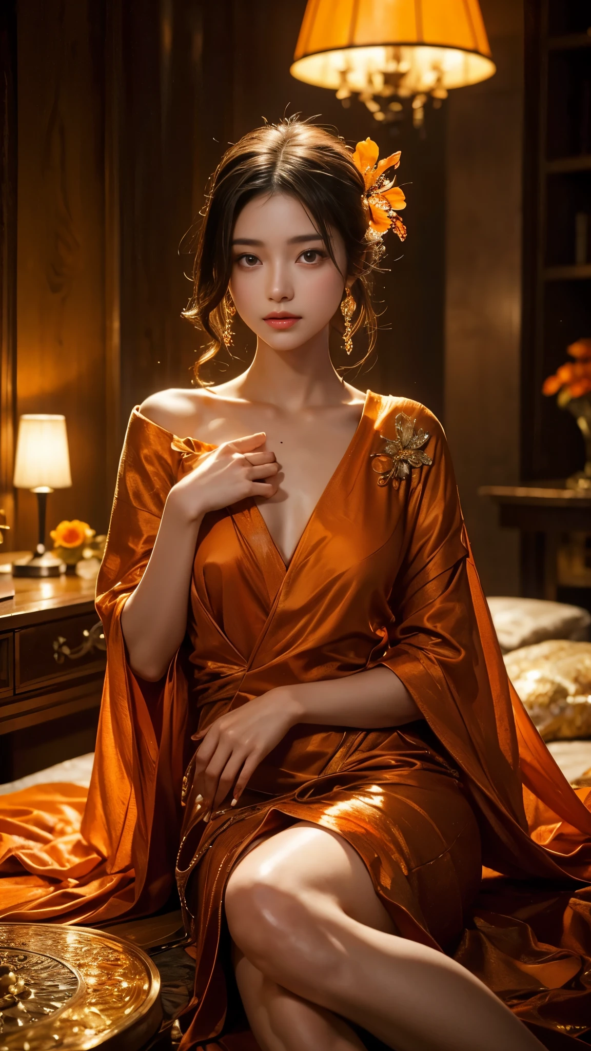 Full figure, seven -clinging shooting, 18 years old, wearing firefly clothes, exquisite faces, details, hands, ultimate details, amazing magnificence, Pedaipan style, fiber hair, glowing orange iris, glowing orange flower, sitting,