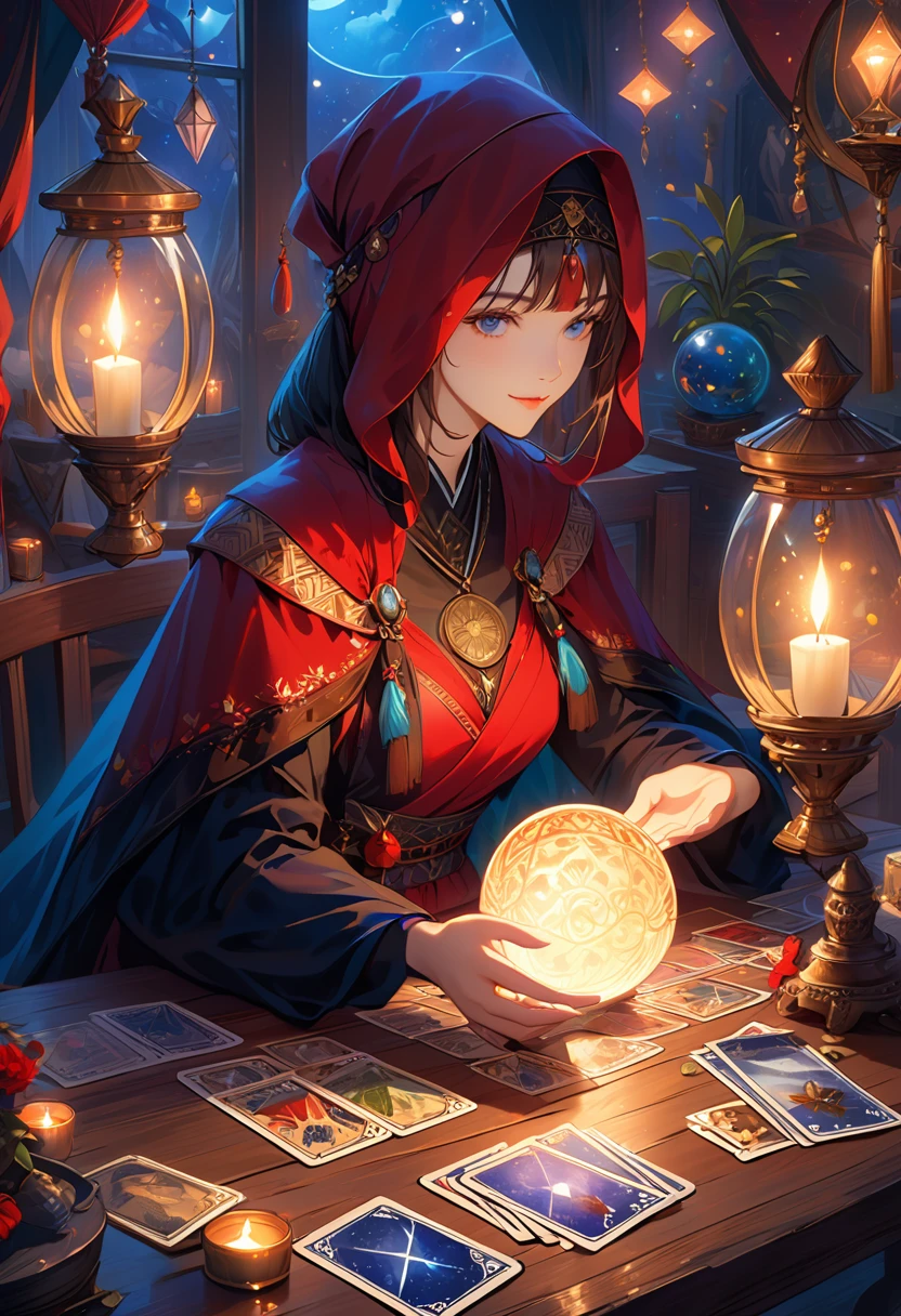 A beautiful and mysterious fortune teller,In a compact and fun environment. Fortune teller wearing cape, Delicate facial features.
The scene is dimly lit, Create an atmosphere of uncertainty and anticipation. Fortune teller sitting at the table, Decorated with tarot cards, Crystal Ball, and a deck of tarot cards. The table is surrounded by candles, Add a mysterious atmosphere.
The lights in the room were dim, Cast captivating shadows,Enhances the mysterious atmosphere. Fortune teller holding a tarot card, Gain insight into the future by observing its signs.
The overall artwork should be of the best quality, Resolution is 4k or 8k. The level of detail should be extremely detailed and realistic, Almost photorealism.
Artistic style should reflect official aesthetics, Bright colors,Strong contrast. The color tone should enhance the mysterious and mysterious theme of the artwork.
The fortune teller's cape is decorated with intricate patterns, Metal frame with thickness ratio of 1.5. also, A rose decorative border should be incorporated into the composition.
The scene should have a magical atmosphere, Like a night sky full of stars. The fortune teller's expression should convey a sense of mystery and curiosity.