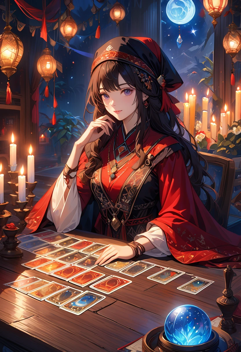 A beautiful and mysterious fortune teller,In a compact and fun environment. Fortune teller wearing cape, Delicate facial features.
The scene is dimly lit, Create an atmosphere of uncertainty and anticipation. Fortune teller sitting at the table, Decorated with tarot cards, Crystal Ball, and a deck of tarot cards. The table is surrounded by candles, Add a mysterious atmosphere.
The lights in the room were dim, Cast captivating shadows,Enhances the mysterious atmosphere. Fortune teller holding a tarot card, Gain insight into the future by observing its signs.
The overall artwork should be of the best quality, Resolution is 4k or 8k. The level of detail should be extremely detailed and realistic, Almost photorealism.
Artistic style should reflect official aesthetics, Bright colors,Strong contrast. The color tone should enhance the mysterious and mysterious theme of the artwork.
The fortune teller's cape is decorated with intricate patterns, Metal frame with thickness ratio of 1.5. also, A rose decorative border should be incorporated into the composition.
The scene should have a magical atmosphere, Like a night sky full of stars. The fortune teller's expression should convey a sense of mystery and curiosity.