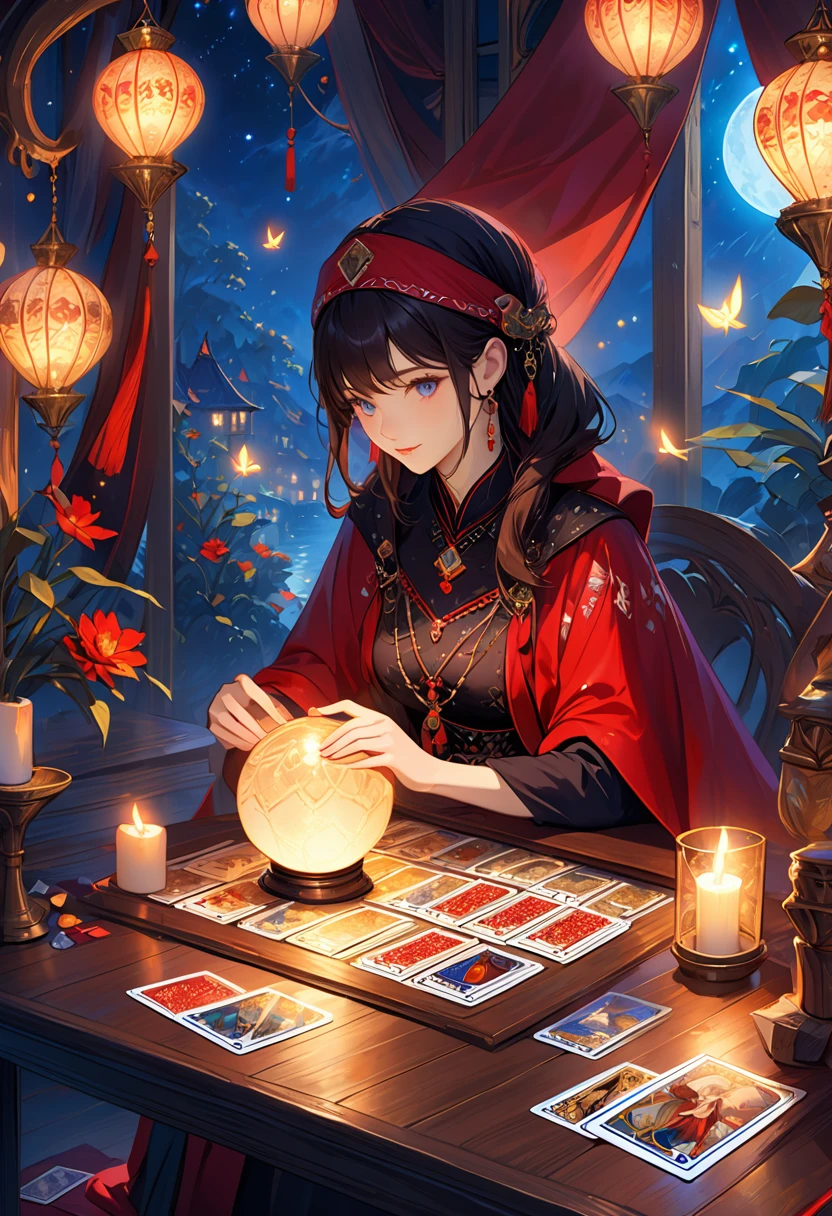 A beautiful and mysterious fortune teller,In a compact and fun environment. Fortune teller wearing cape, Delicate facial features.
The scene is dimly lit, Create an atmosphere of uncertainty and anticipation. Fortune teller sitting at the table, Decorated with tarot cards, Crystal Ball, and a deck of tarot cards. The table is surrounded by candles, Add a mysterious atmosphere.
The lights in the room were dim, Cast captivating shadows,Enhances the mysterious atmosphere. Fortune teller holding a tarot card, Gain insight into the future by observing its signs.
The overall artwork should be of the best quality, Resolution is 4k or 8k. The level of detail should be extremely detailed and realistic, Almost photorealism.
Artistic style should reflect official aesthetics, Bright colors,Strong contrast. The color tone should enhance the mysterious and mysterious theme of the artwork.
The fortune teller's cape is decorated with intricate patterns, Metal frame with thickness ratio of 1.5. also, A rose decorative border should be incorporated into the composition.
The scene should have a magical atmosphere, Like a night sky full of stars. The fortune teller's expression should convey a sense of mystery and curiosity.