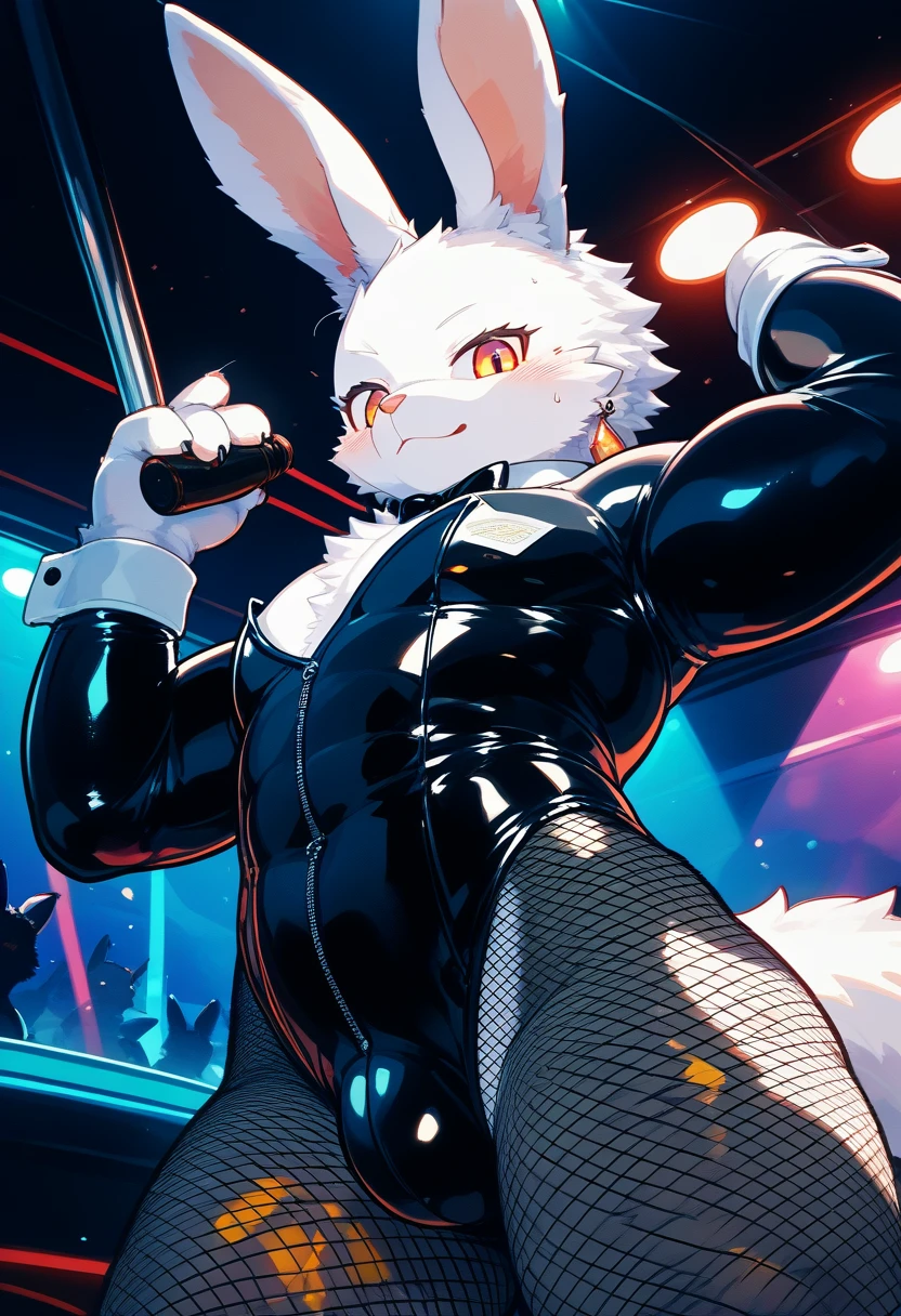 Highest quality, Highest quality, High quality illustrations, masterpiece, Ultra-high resolution, Detailed Background, club, Disco, Absurd, Perfect Anatomy, Performance, Good lighting, Shadows in the movie(kemono, Furry Personification), Rubber suit, Rubber Suit, latex, Earrings, Bunny Suit, Fishnet tights, male, White Skin, null bulge