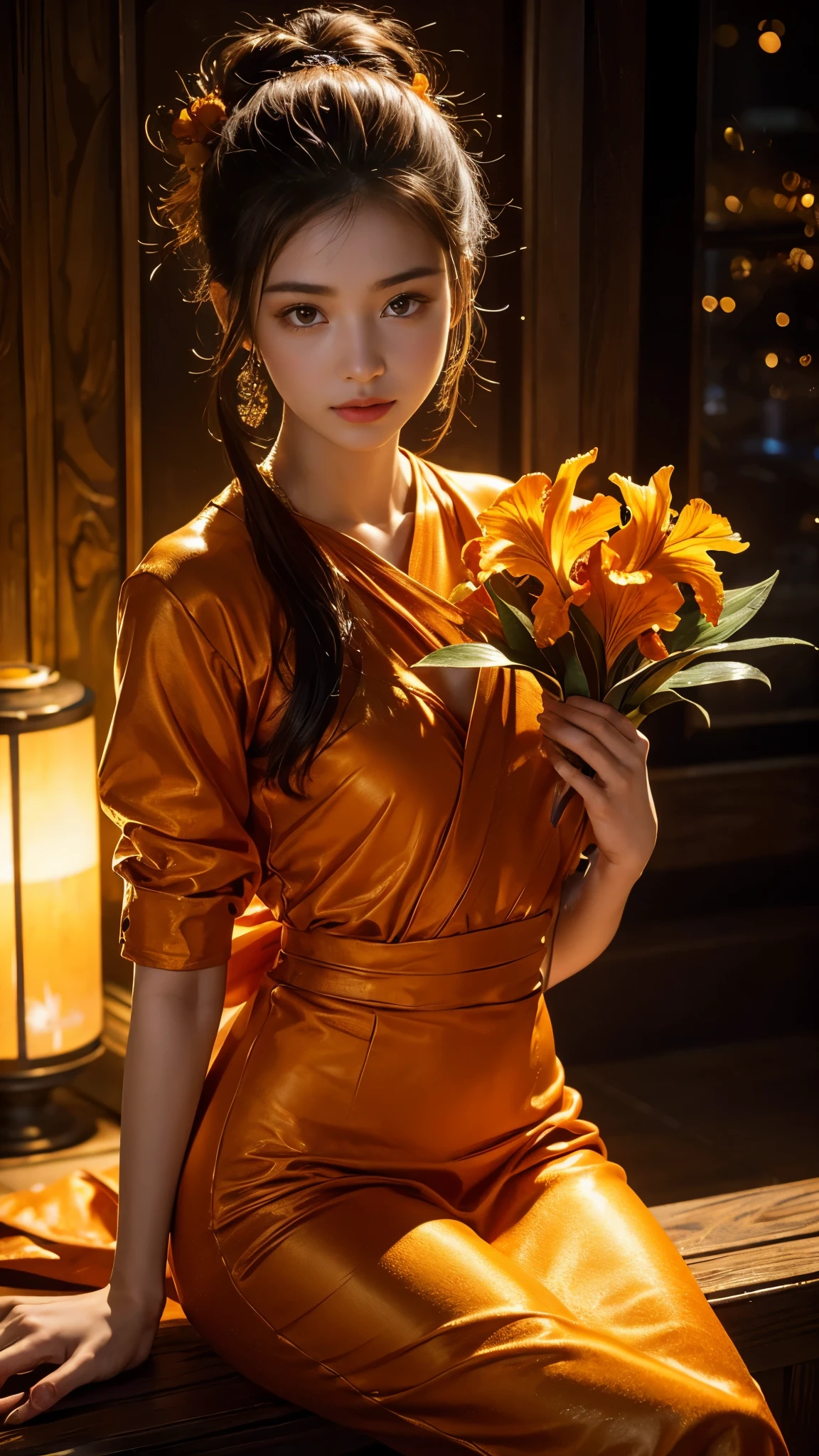 Full figure, seven -clinging shooting, 18 years old, wearing  firefly clothes, exquisite faces, details, hands, ultimate details, amazing magnificence, Pedaipan style, fiber hair, glowing orange iris, glowing orange flower, sitting,