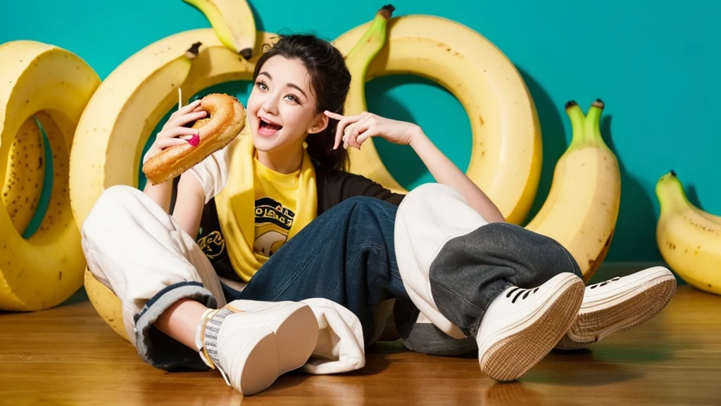 A hyper-realistic scene featuring a donut and a banana. The donut has a face with big eyes and long eyelashes, wearing high heels, and looks surprised. The banana is partially peeled at the bottom, appearing as if he is flashing himself to the donut. He has an excited expression and is wearing sneakers on his feet. White milk is oozing from the bottom tip of the banana. The background is plain and light to keep focus on the characters