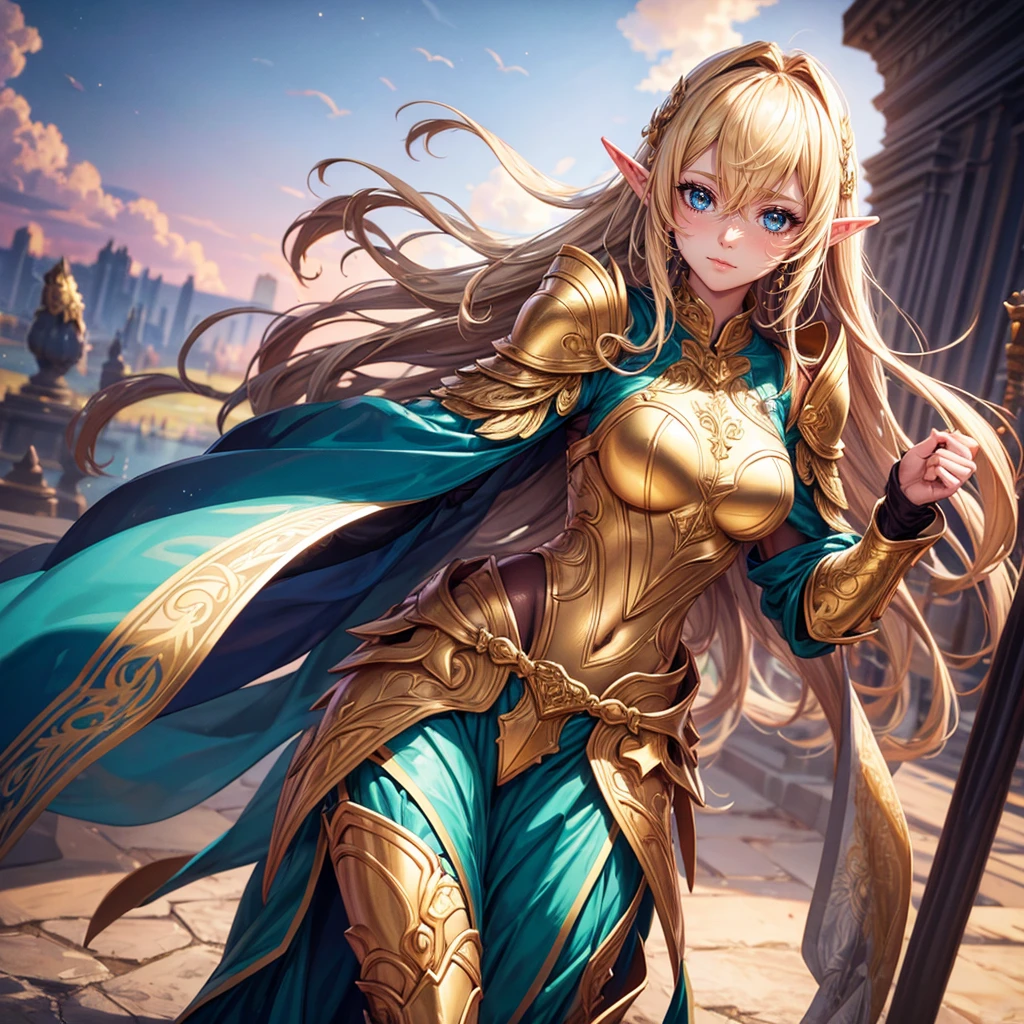 age half-elf girl in neat golden armor, BREAK, 1girl, fit golden armor suit, ornate intricate pattern details golden shoulder robe, detailed face, dusk sky, outdoor, (masterpiece), (best quality), (ultra-detailed), (tousled hair), (illustration), (fashionable clothes), standing, fashion model, looking at the viewer, (interview), floating, (high saturation), (colorful splashes), colorful bubbles, (glow),