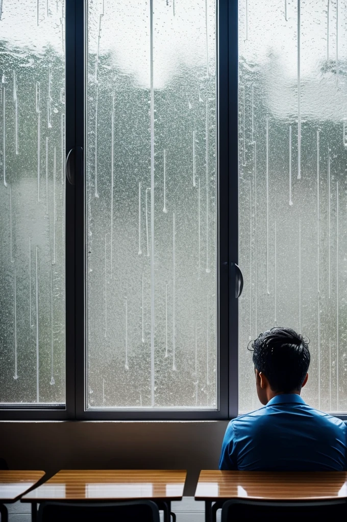 The guy was stares outside the window.the weather was raining.in the classroom
