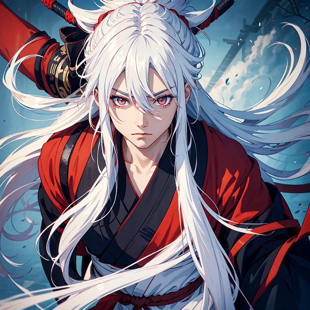One boy as a samurai with long white hair and red left eyes blue right eyes